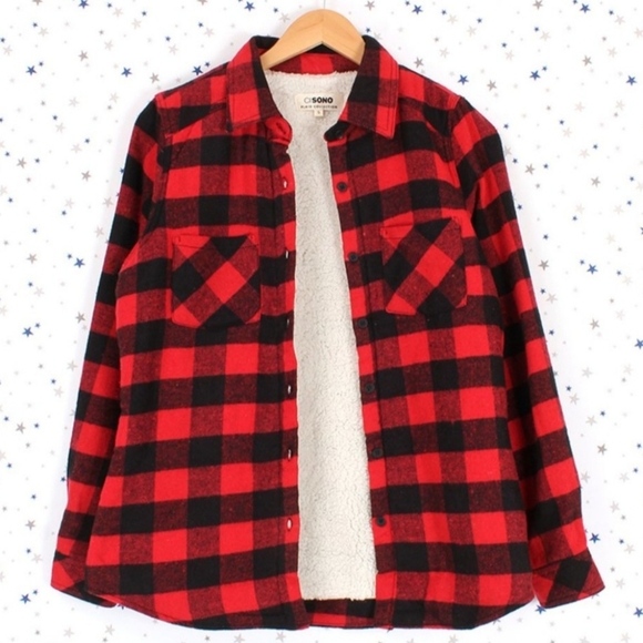 Sherpa Fur Lined Flannel Plaid Button Up Shirt Red Black - Picture 2 of 6